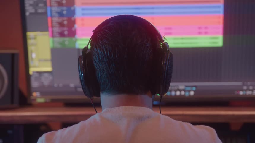 Man putting on headphones while working in front of a computer screen