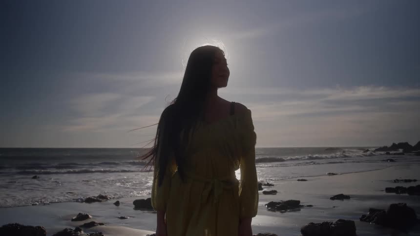 Woman gazing at the sea at sunset