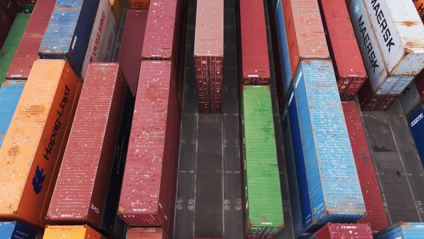Aerial view of containers organized in a port