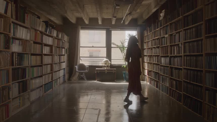 Woman walking through a corridor lined with bookshelves
