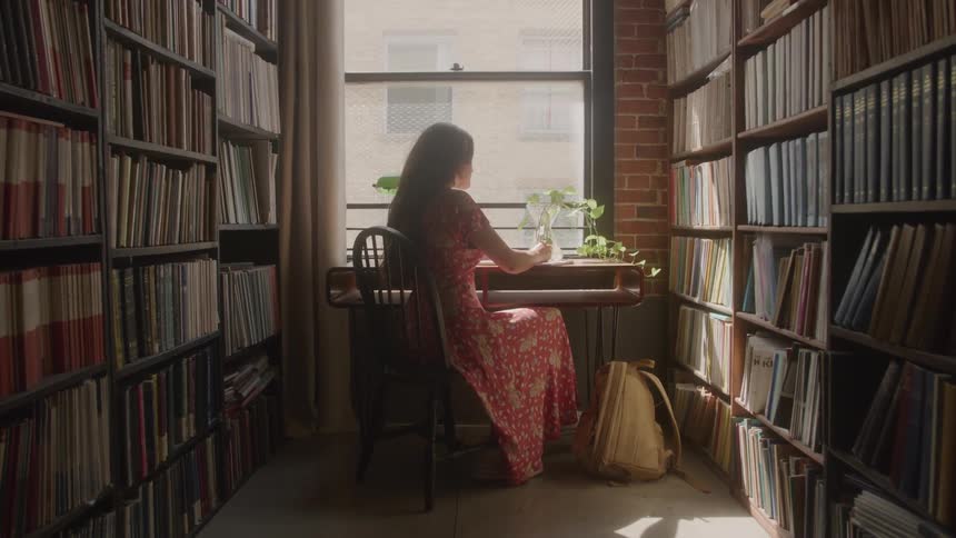 The woman is writing at a desk in the library