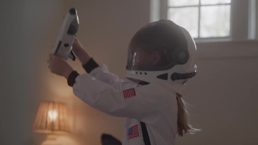 A young girl wearing a full astronaut costume playfully flies a toy space shuttle through the air in her bedroom