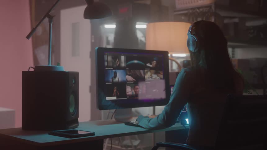 A woman sitting at an editing desk wearing headphones going through multiple video clips at the same time