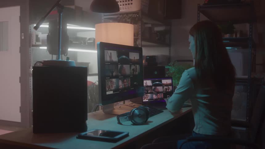 A person sits at a desk in a room works on a computer with a large monitor and its answering a phone call