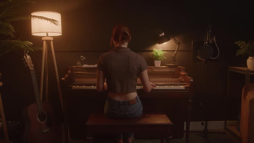 The woman is sitting and playing the piano