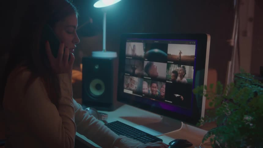 Young woman sitting at a desk behind a computer wearing a headset watching a video on the monitor