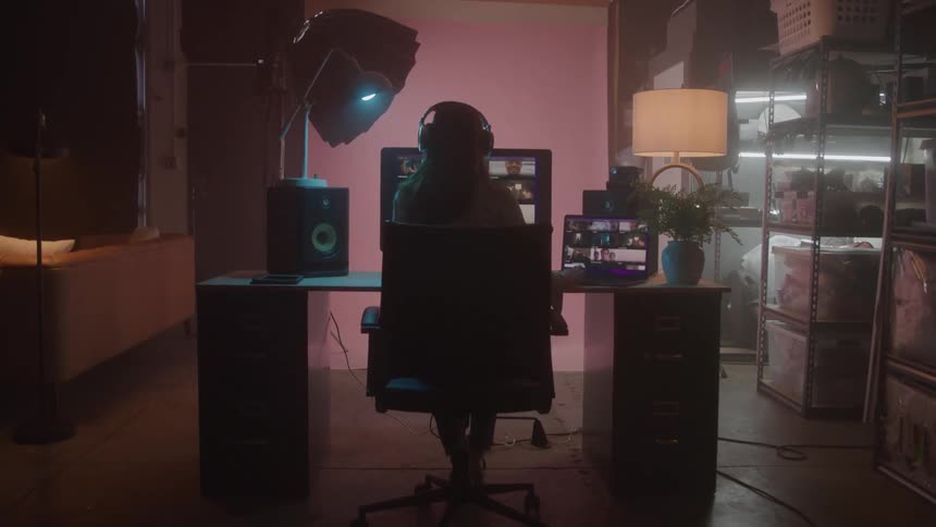 Woman with headphones sitting in a dark room in front of the computer