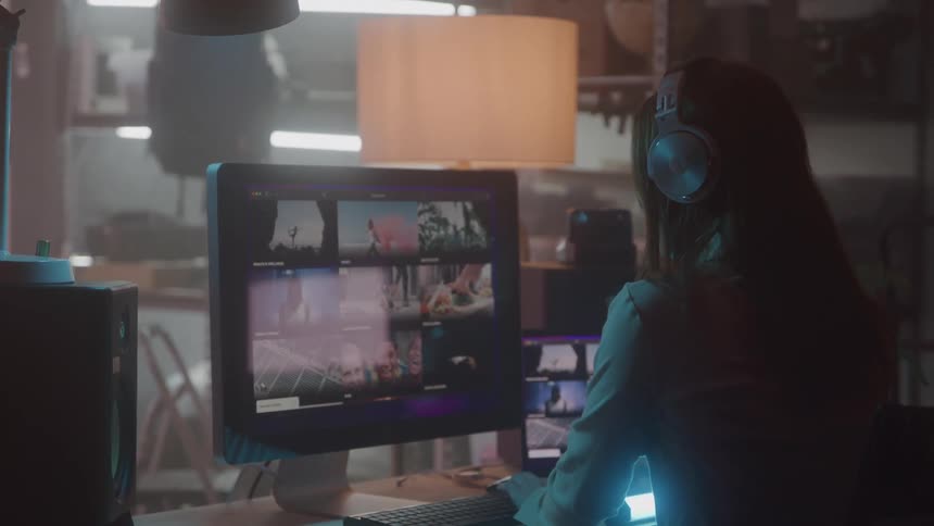 A girl sits at a desk in a room works on a computer with a large monitor and wears headphones