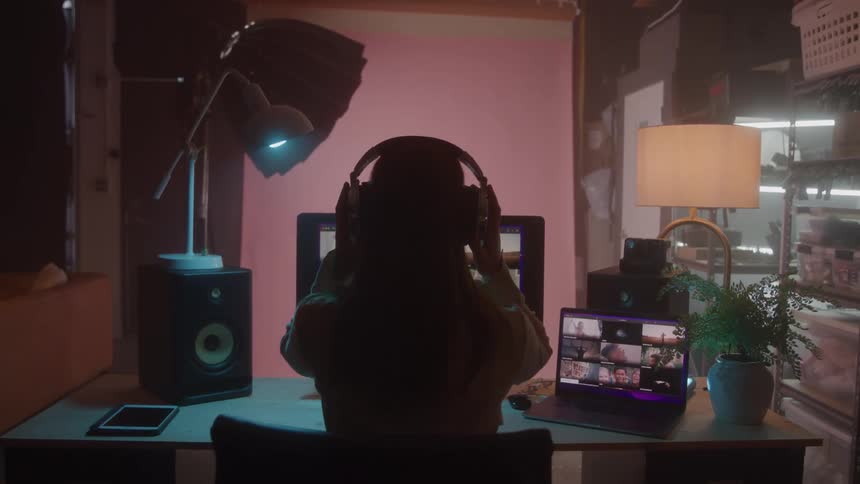 Woman sitting in front of a computer in a lowlight studio