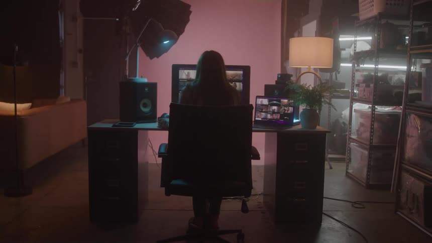 The woman removes her headphones and walks from the desk