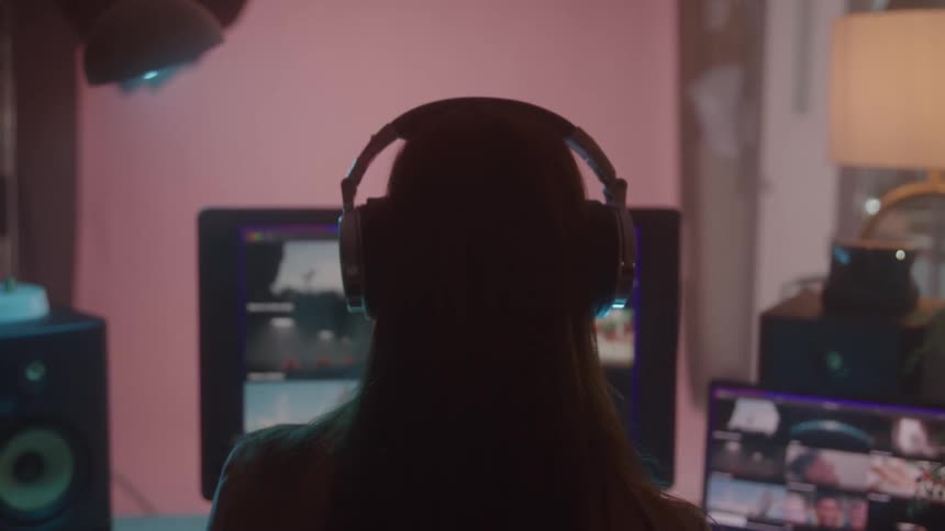 The woman is wearing headphones and looking at monitors