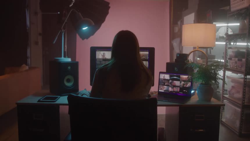 A girl sits at her computer and puts on headphones