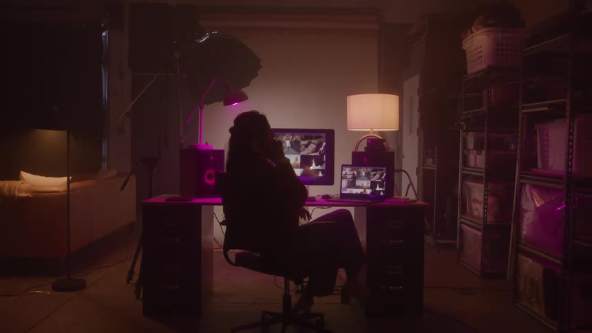 A woman sitting at an editing desk wearing headphones going through multiple video clips at the same time until she takes off the headphones and spins in her chair as she picks up and speaks on her phone