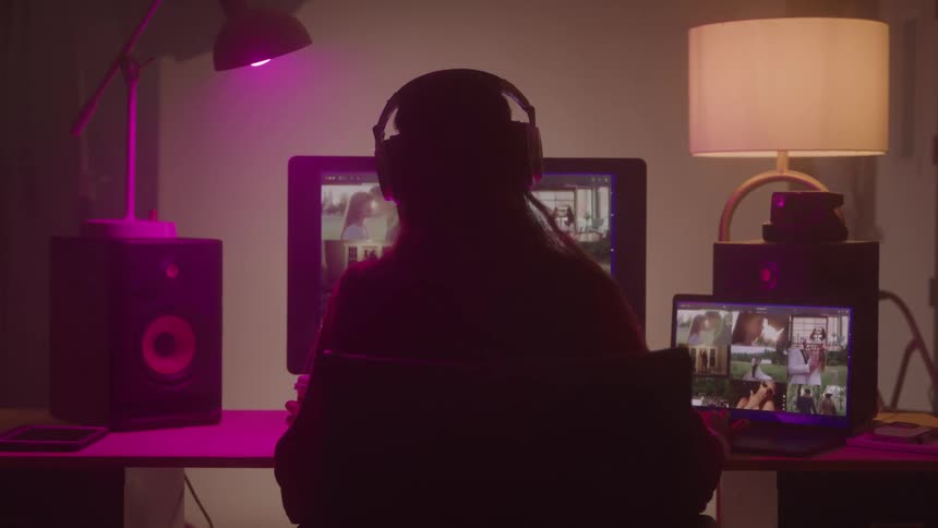 The woman is scrolling through pictures on the screens