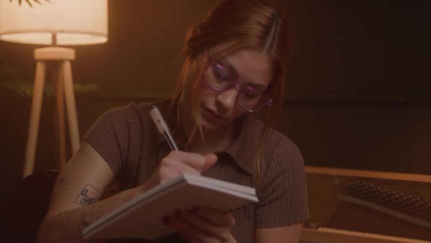 A young woman in a brown shirt and glasses is sitting in a music studio holding a guitar while writing in a notebook with a glowing lamp and a piano in the background