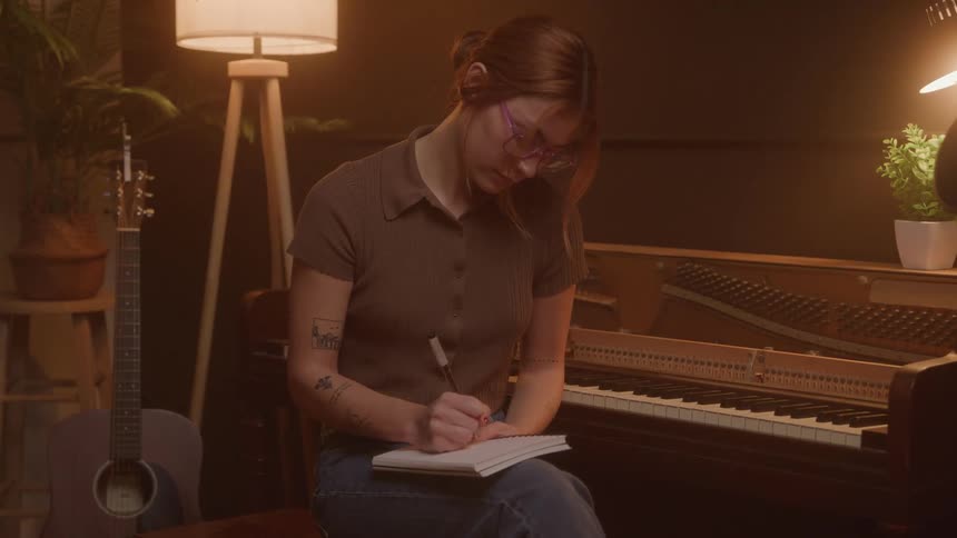 The woman sits at home writing in her notebook