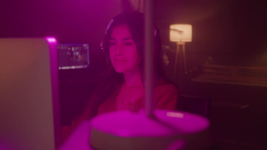 Woman with headphones working in front of the computer