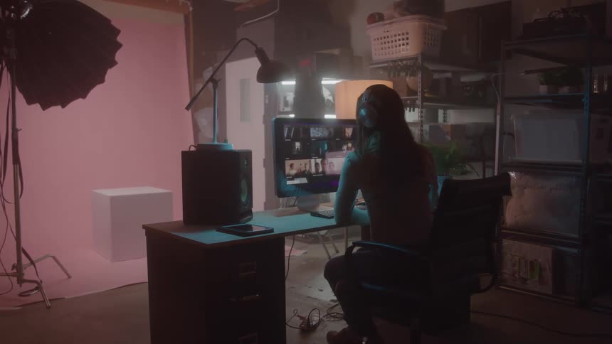 A wide shot from behind shows a person with a long ponytail sitting at a desk and looking at a computer monitor the room is dimly lit with a pink light on the left and a lamp with a white shade on the right illuminating a cluttered workspace with a spe