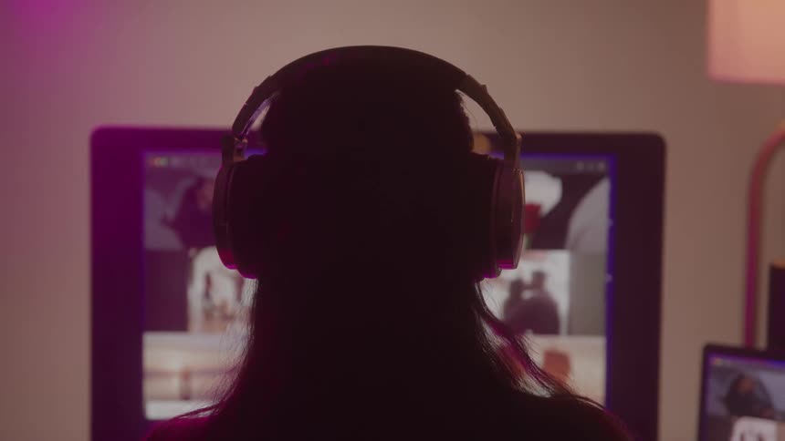 A person is shown from behind wearing headphones and sitting in front of a computer monitor the screen displays a video conference with multiple participants in a grid layout the room is dimly lit with pink and purple lighting