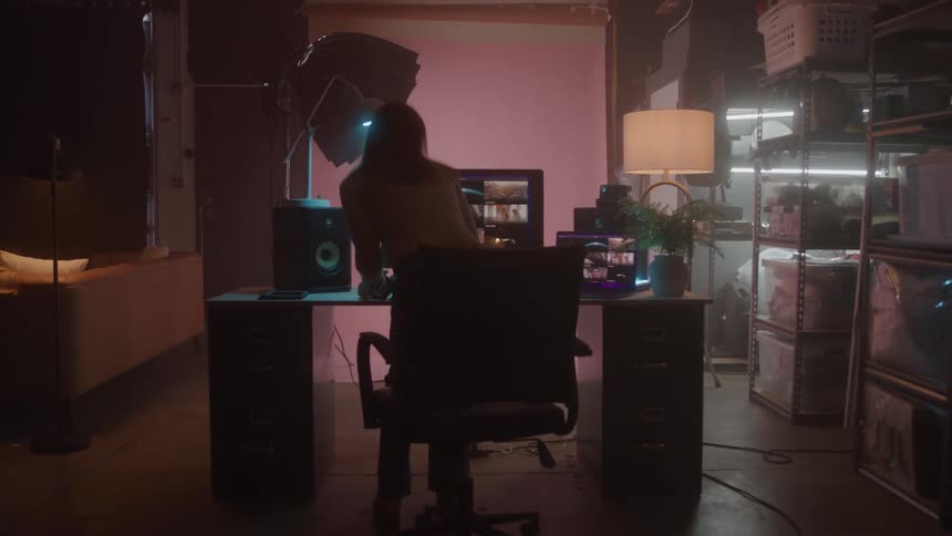 A girl sits at her computer desk and puts on headphones