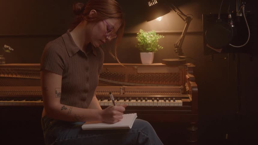 A girl writes while sitting at a piano