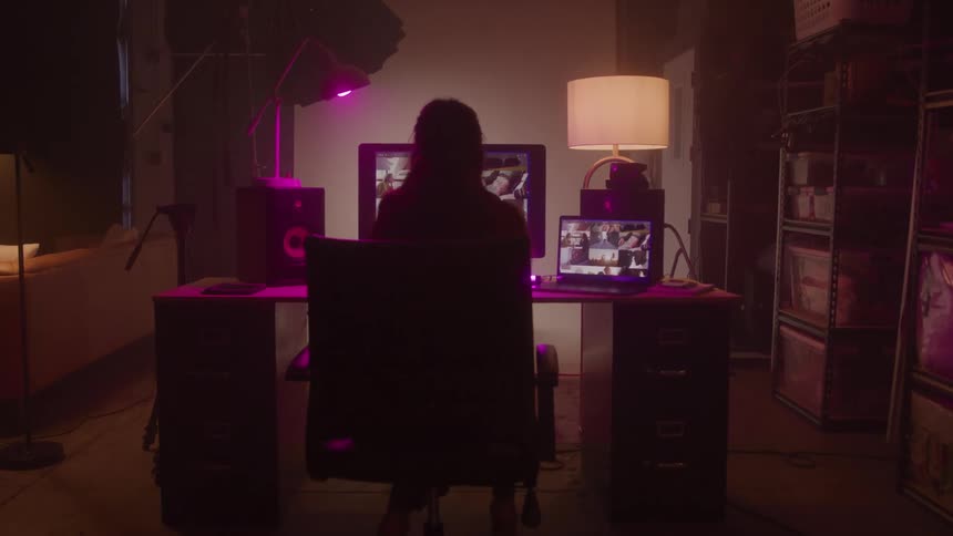 A silhouette of a person wearing headphones sits at a desk with two computer screens showing a video conference call with a pink light and a desk lamp shining in a dark room