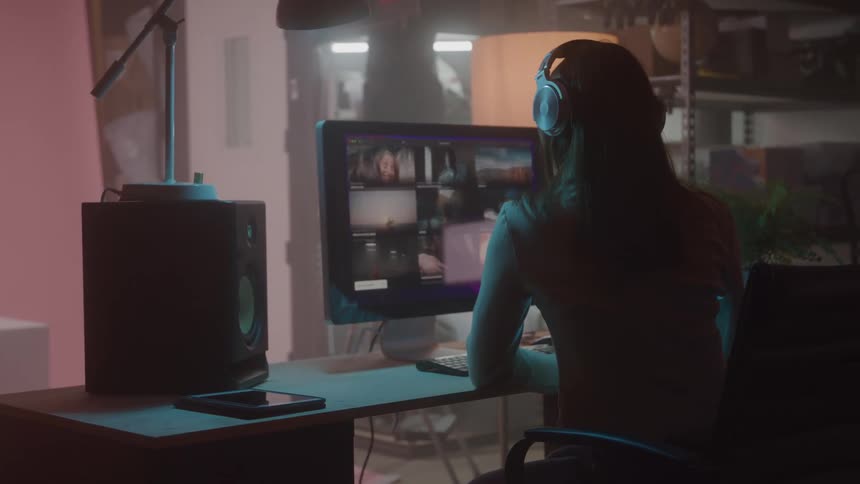 A woman wearing headphones scrolls through video clips on her computer while working at her editing station in a dimly lit studio