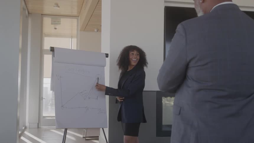 Woman in formal wear presenting a project to someone else