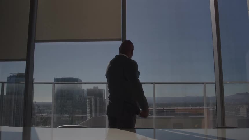 A silhouetted businessman in a suit stands at a large conference table in a sunlit office looking out at a city skyline from a high floor