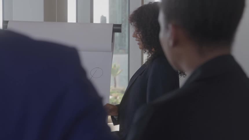 Young woman giving a presentation in an office conference room at midday standing by a board and presenting to her colleague