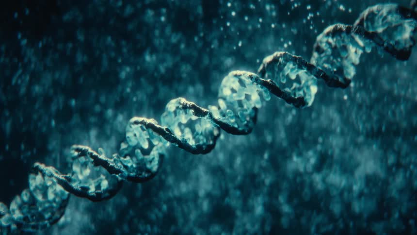 An abstract digital rendering of a ice dna strand rotating in a fluid
