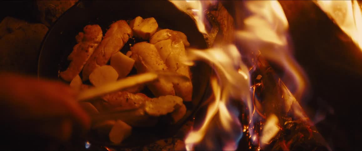 A pandown closeup shot shows chicken and potato pieces sizzling in a castiron skillet over an open fire a pair of tongs reaches into the pan flipping the food over