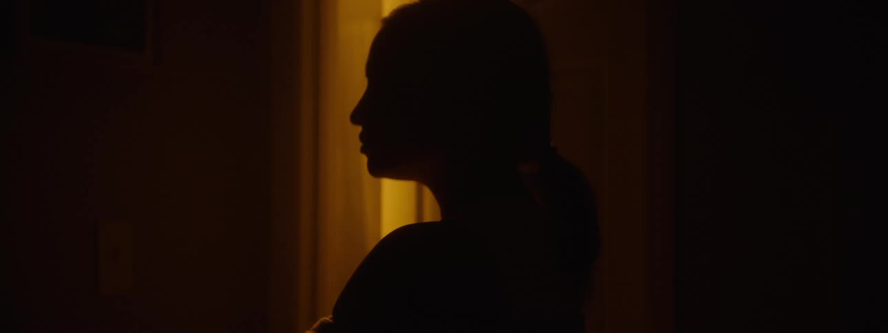 A woman in profile stands in warm backlight hair tied back her silhouette conveying a quiet contemplative mood