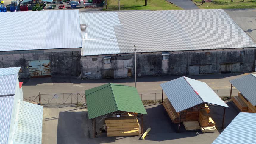 Aerial view of warehouses in a wood factory