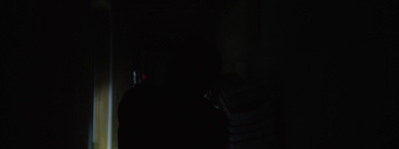 A video game scene of a person cautiously aiming a gun and flashlight at a closed door