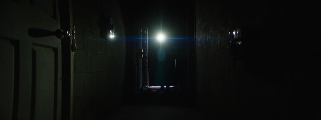 The officer enters the dark hallway with gun drawn