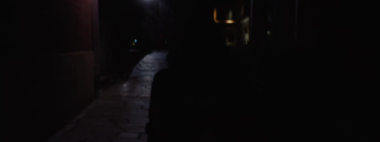 Woman with a backpack walking at night
