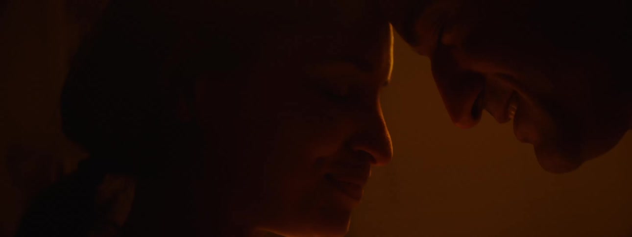 A happy couple touch foreheads and smile in warm light