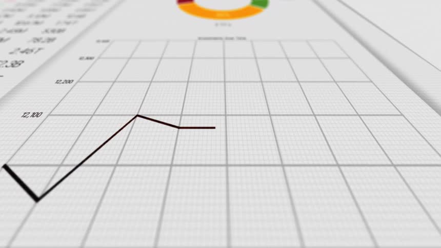 The movement of a line on a grid representing data points while a pie chart appears on a document