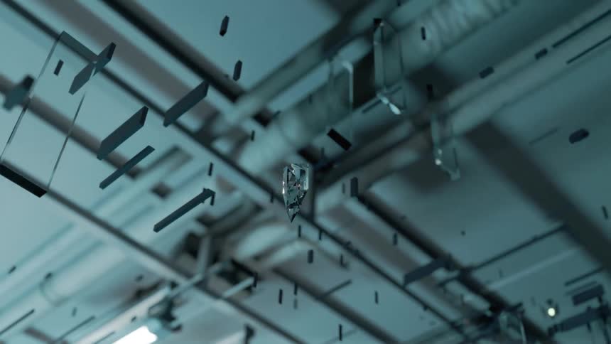 A digital render of a pane of glass to an assortment of dark pieces suspended in the air and ending on reconstruction of the glass