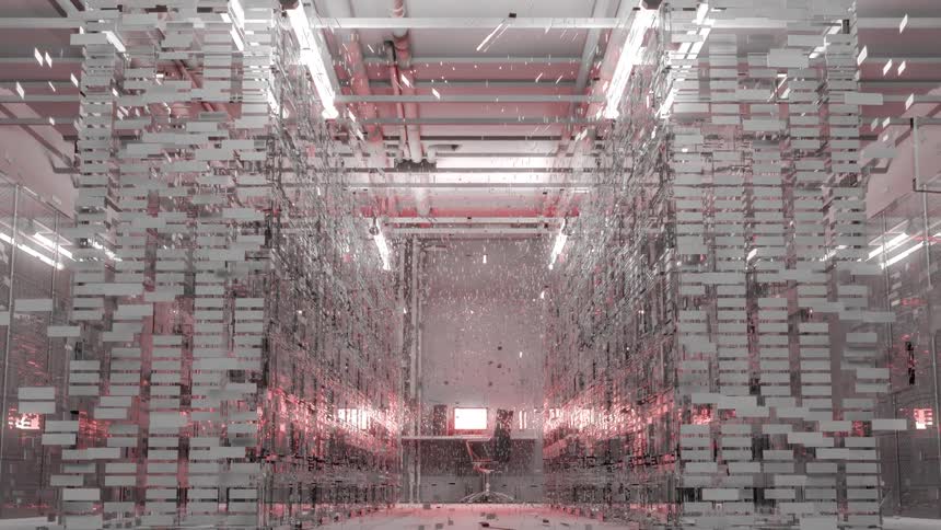 A digital rendered video of a server room reconstructing itself and a computer in the back of the room