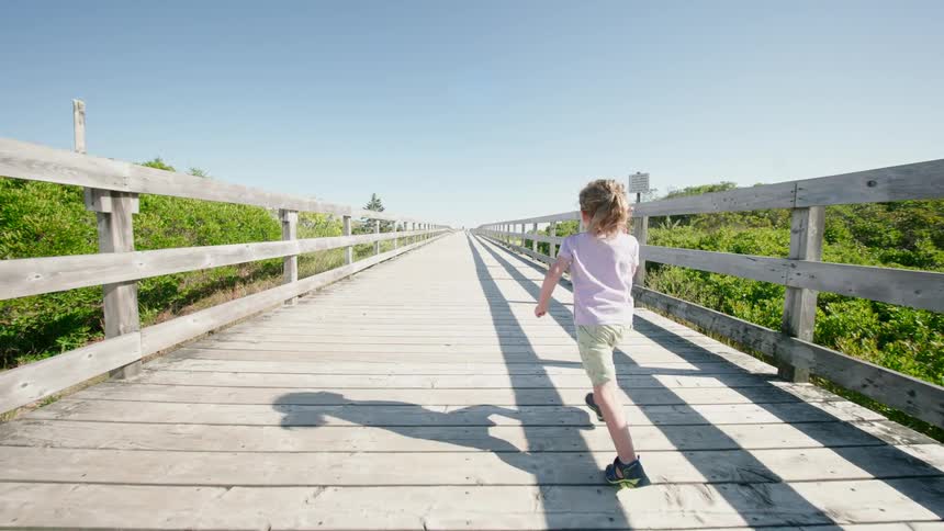 A female child running outdoors on a wooden bridge during daytime