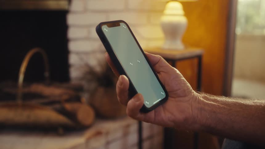 Man sitting at home near an unlit fireplace holds a smartphone