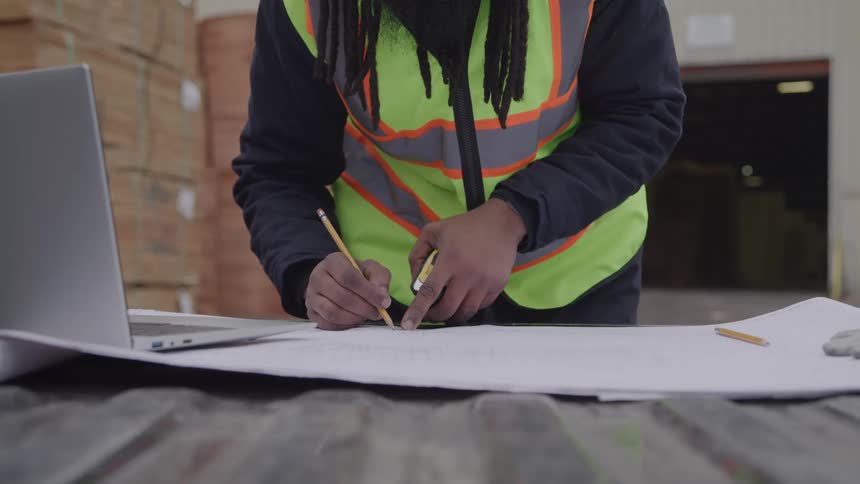 A worker in a safety vest writes on blueprints at an industrial site