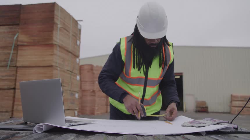 Man consulting the plans on a table near large stacks of wood uses a tape measure