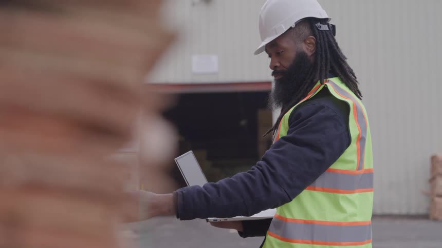 A male warehouse worker wearing a hard hat and safety vest uses a laptop to check inventory on a large stack of lumber in front of a warehouse