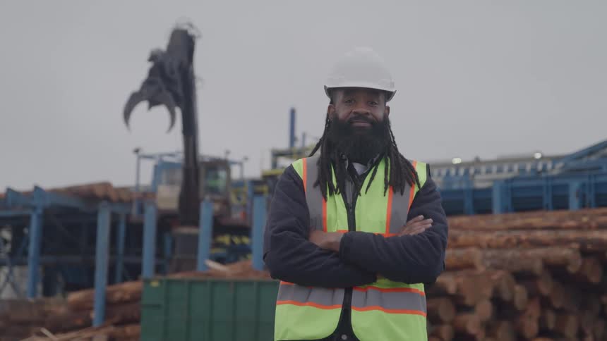 A confident black male worker with a beard and dreadlocks wearing a hard hat and safety vest crosses his arms and looks directly at the camera while a large logging crane operates behind him in a busy lumber yard