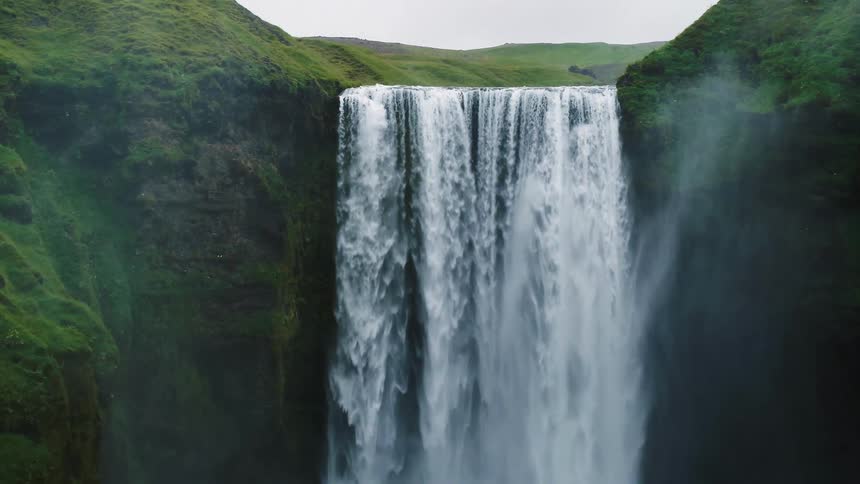 A stunning drone shot captures a majestic waterfall flowing between two large green hills the camera then pans up to show a small rainbow arc at the top of the mist from the waterfall