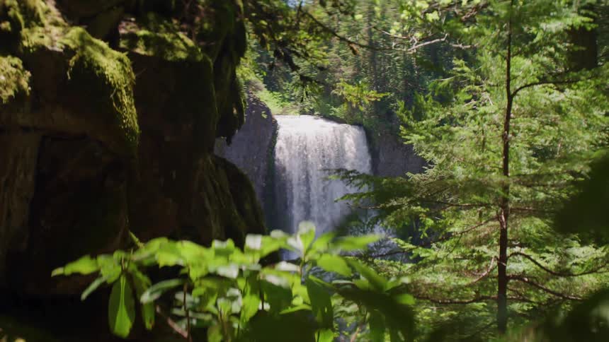 Water falls from a height and hits the rocks in a natural setting with vegetation