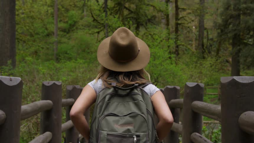Person wearing a brown hat and backpack walking on a wooden walkway in the forest